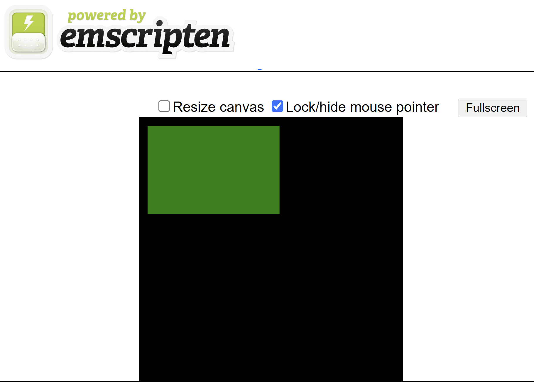 صفحة HTML من إنشاء Emscripten تعرِض مستطيلاً أخضر على لوحة مربعة سوداء