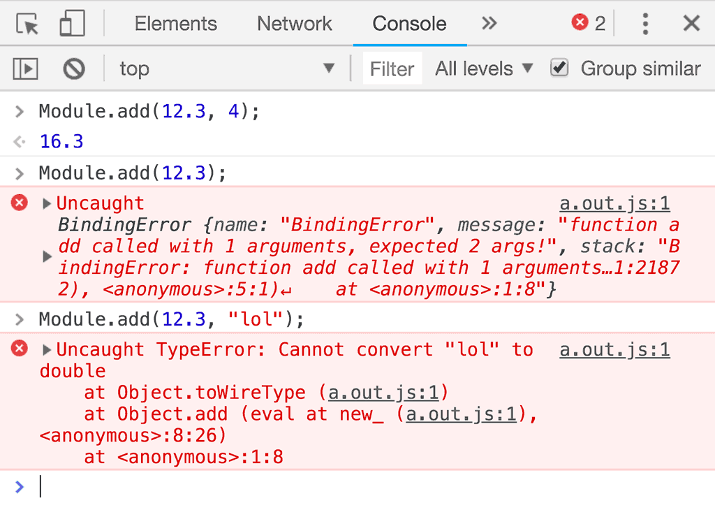 Erreurs DevTools lorsque vous appelez une fonction avec un nombre incorrect d&#39;arguments ou que les arguments sont de type incorrect