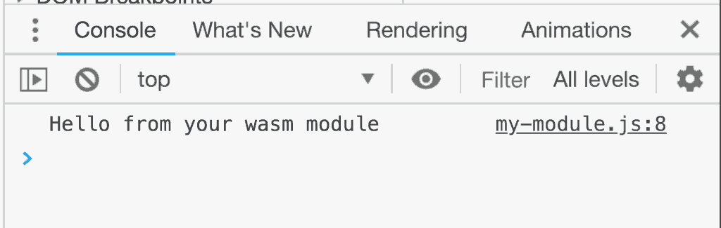 C++ と Emscripten を介して出力されたメッセージを示す DevTools。