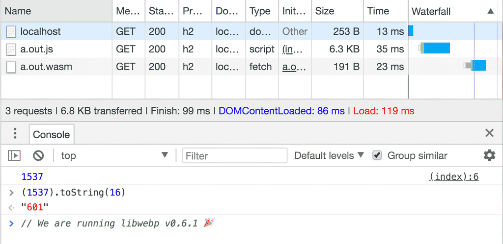 צילום מסך של מסוף DevTools שבו מוצג מספר הגרסה הנכון.