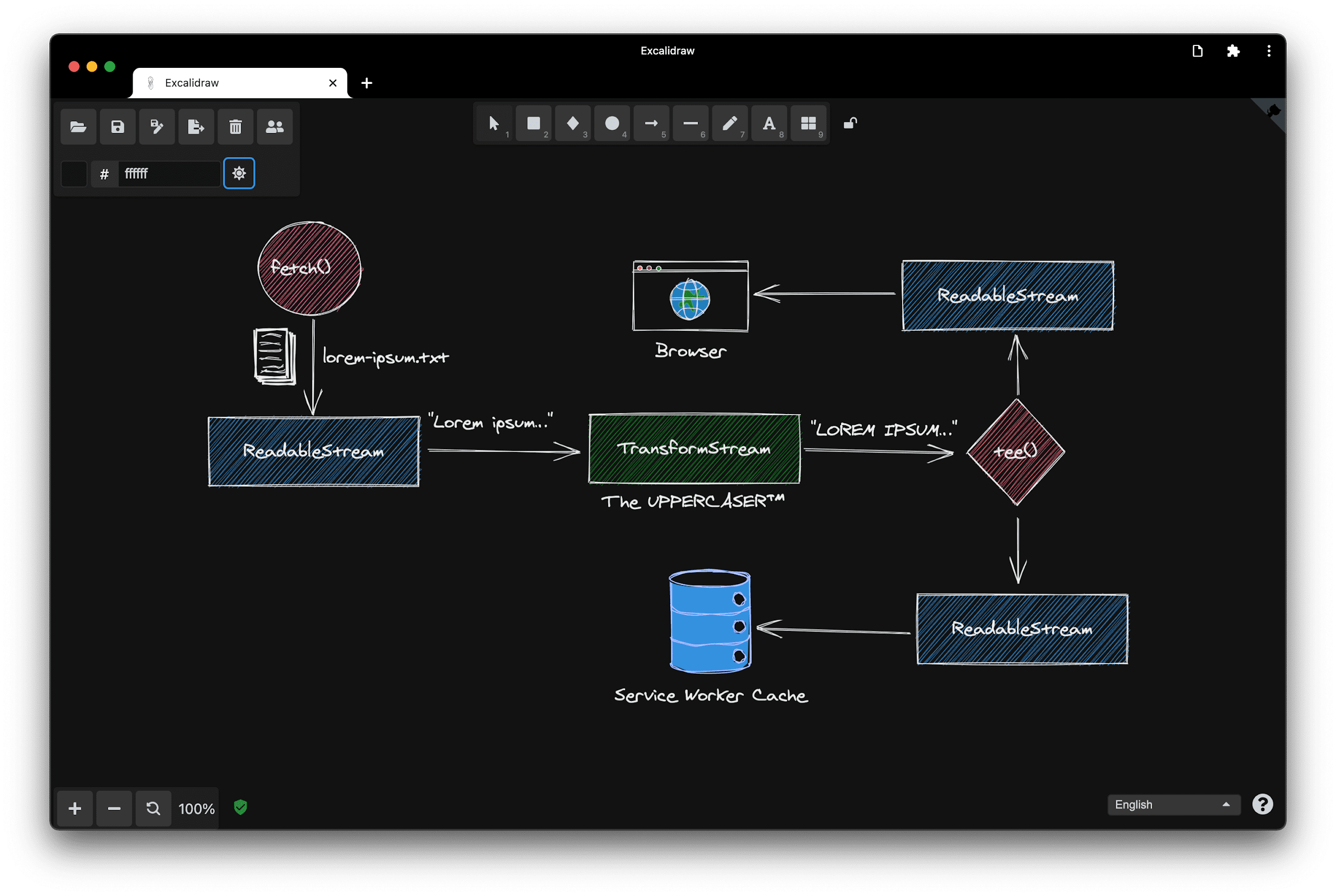 Скриншот Excalidraw PWA в сегодняшнем состоянии.