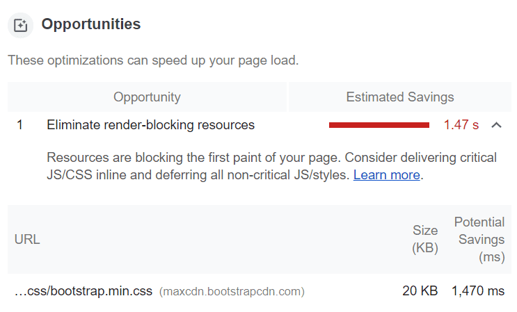 Controllo di Lighthouse con &quot;Elimina la risorsa di blocco della visualizzazione&quot; o &quot;Posticipa il CSS inutilizzato&quot; opportunità