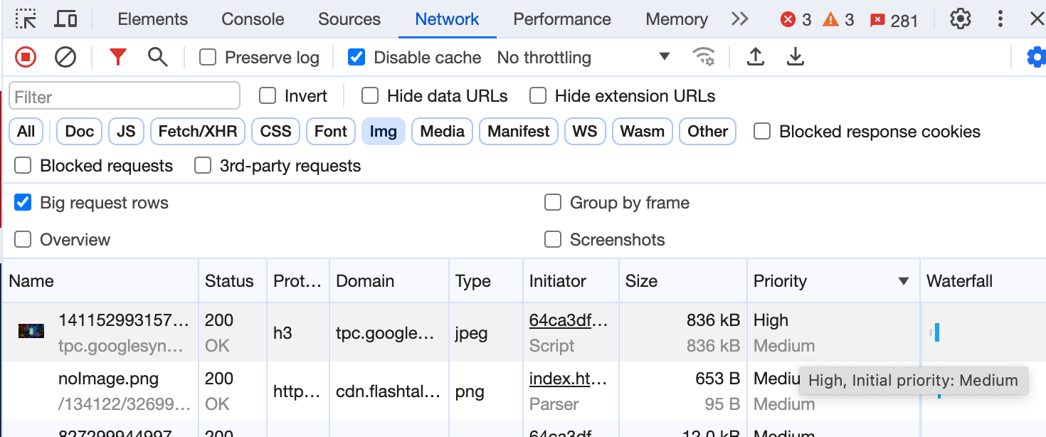 Tab Jaringan di DevTools Chrome. Setelan &#39;Baris permintaan besar&#39; dicentang dan kolom Prioritas menampilkan gambar pertama dengan prioritas Tinggi, dan prioritas awal yang berbeda yaitu sedang di bawah. Hal yang sama ditampilkan di tooltip.