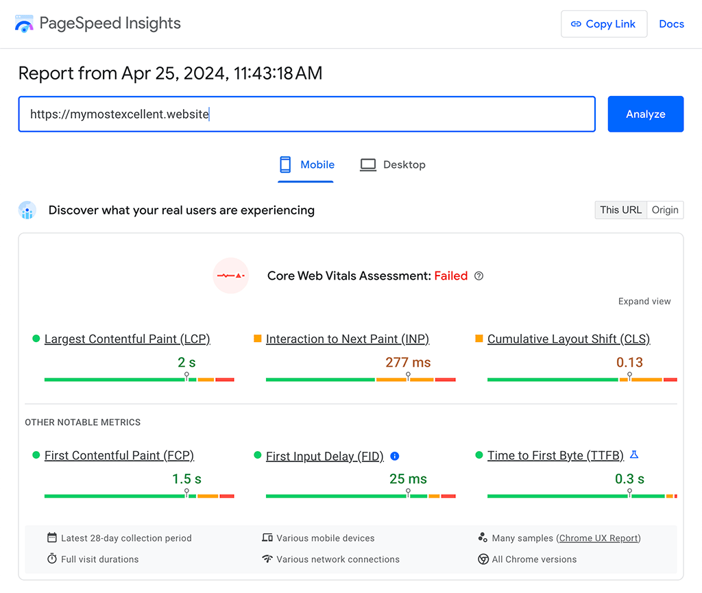 PageSpeed Insights में CrUX से दिखाया गया फ़ील्ड डेटा. इसमें वेबसाइट की परफ़ॉर्मेंस की अहम जानकारी देने वाली तीन मेट्रिक, एलसीपी, आईएनपी, और सीएलएस के साथ-साथ गड़बड़ी की जानकारी देने वाली मेट्रिक के तौर पर टीटीएफ़बी और एफ़सीपी और वेबसाइट की परफ़ॉर्मेंस की अहम जानकारी देने वाली पुरानी मेट्रिक के तौर पर एफ़आईडी दिख रहा है.