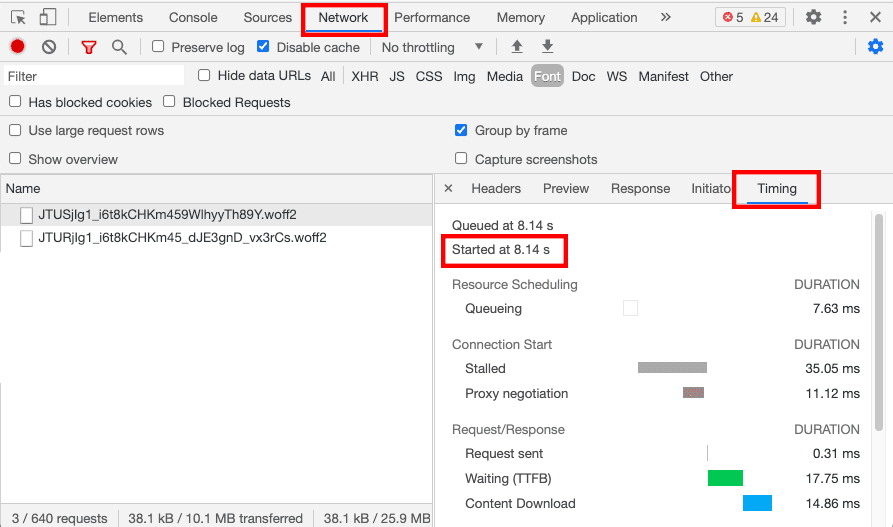 DevTools में टाइमिंग टैब.