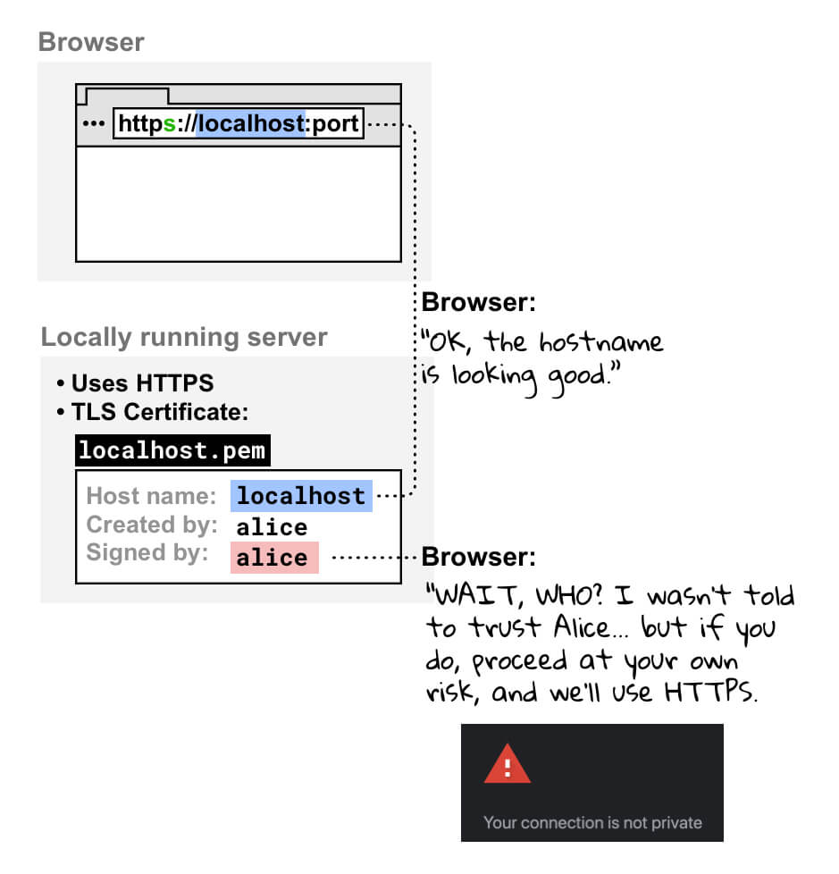 Perché i browser non si fidano dei certificati autofirmati: un diagramma.