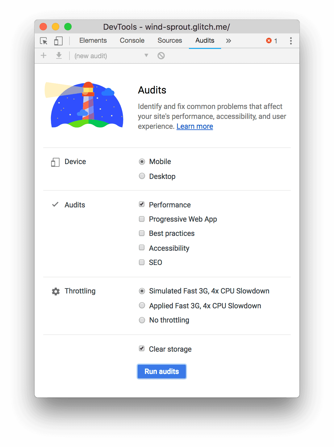 Chrome DevTools के ऑडिट पैनल का स्क्रीनशॉट.