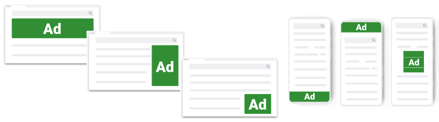 插圖顯示不同可視區域大小的裝置，廣告刊登位置以綠色方塊表示，每個方塊上都標示「Ad」。