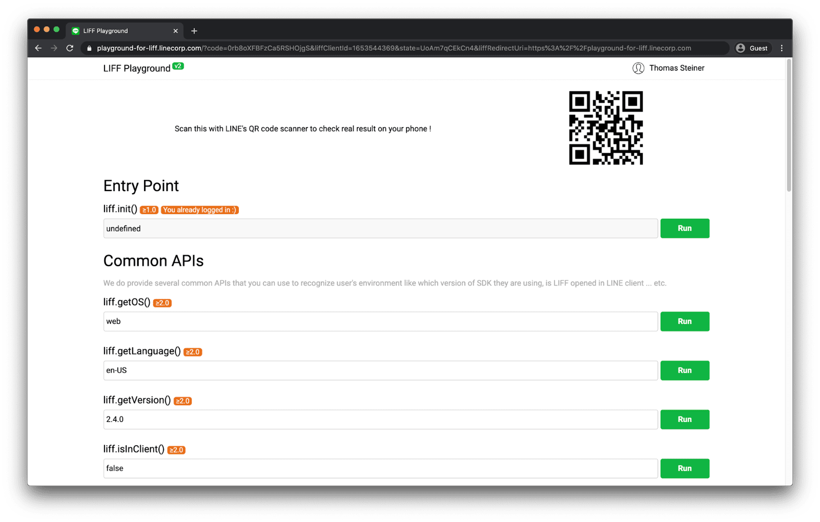 The LINE Playground demo app running in the web browser showing `liff.getOS()` returning 'web'.