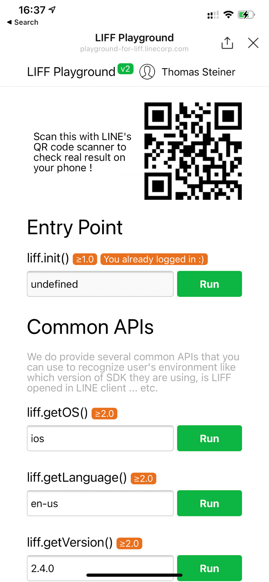 iOS デバイスで実行されている LINE Playground デモアプリ。liff.getOS() が「ios」を返していることを示しています。