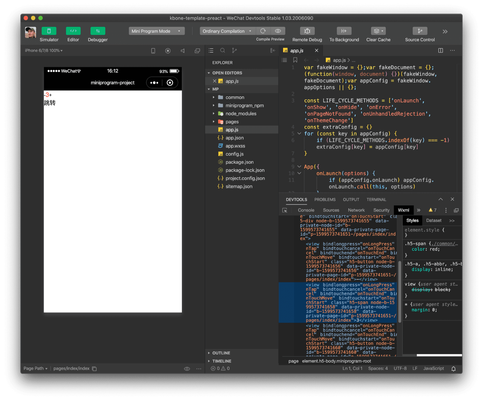 WeChat DevTools में Preact kbone टेंप्लेट का डेमो ऐप्लिकेशन खुला. डीओएम स्ट्रक्चर की जांच करने पर, वेब ऐप्लिकेशन की तुलना में ज़्यादा ओवरहेड दिखता है.