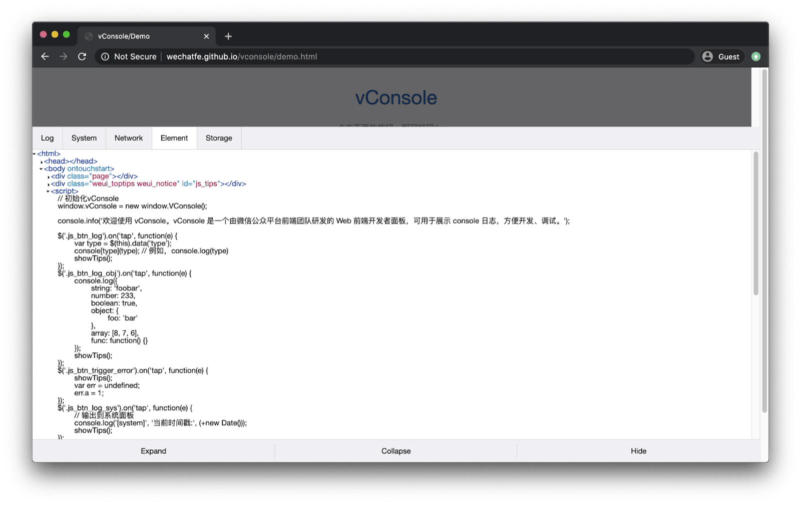 Aplikasi demo vConsole. vConsole akan terbuka di bagian bawah dan memiliki tab untuk log, sistem, jaringan, elemen, dan penyimpanan.