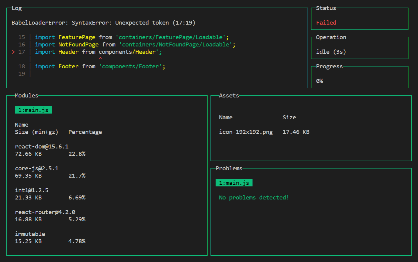 Captura de tela da saída do webpack-dashboard