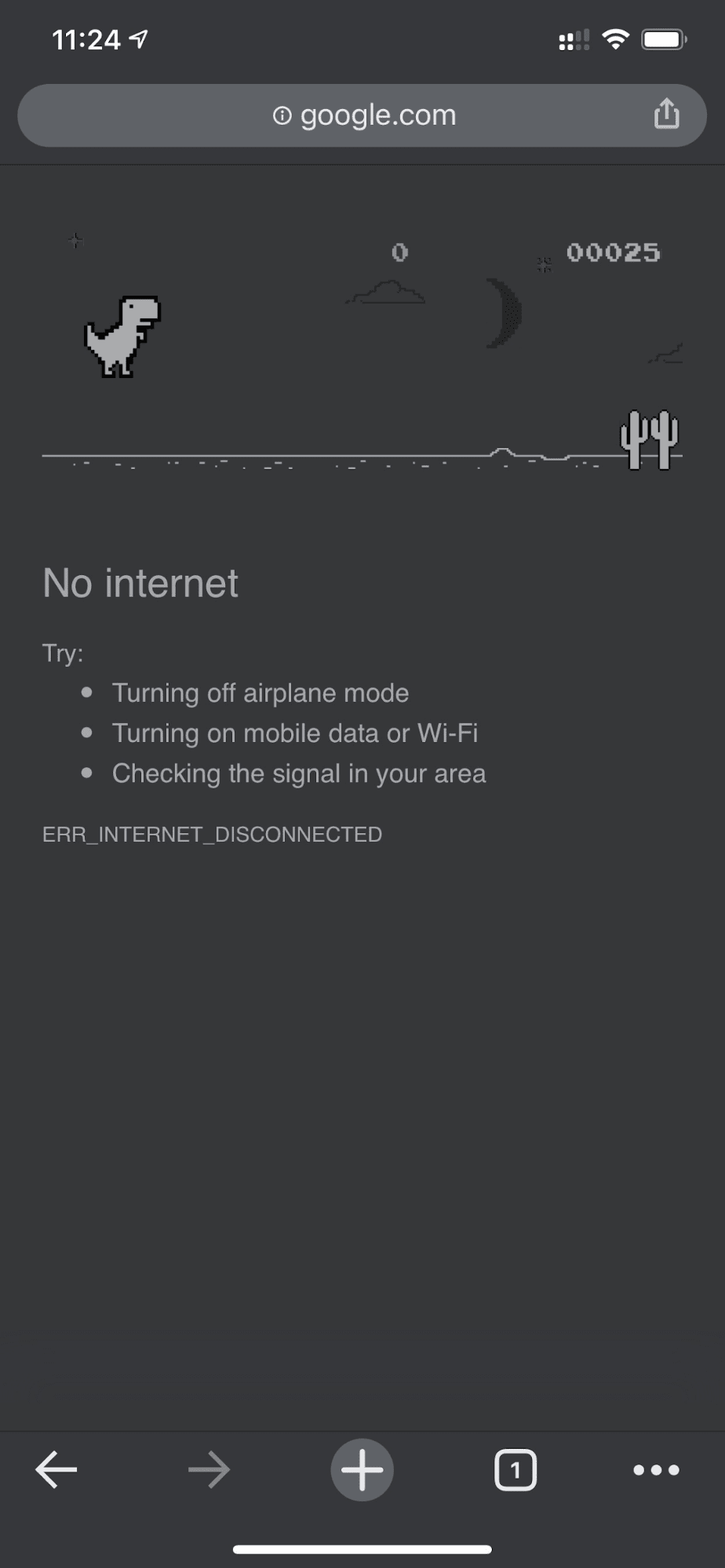 Google Chrome mobile app showing the offline dino game.