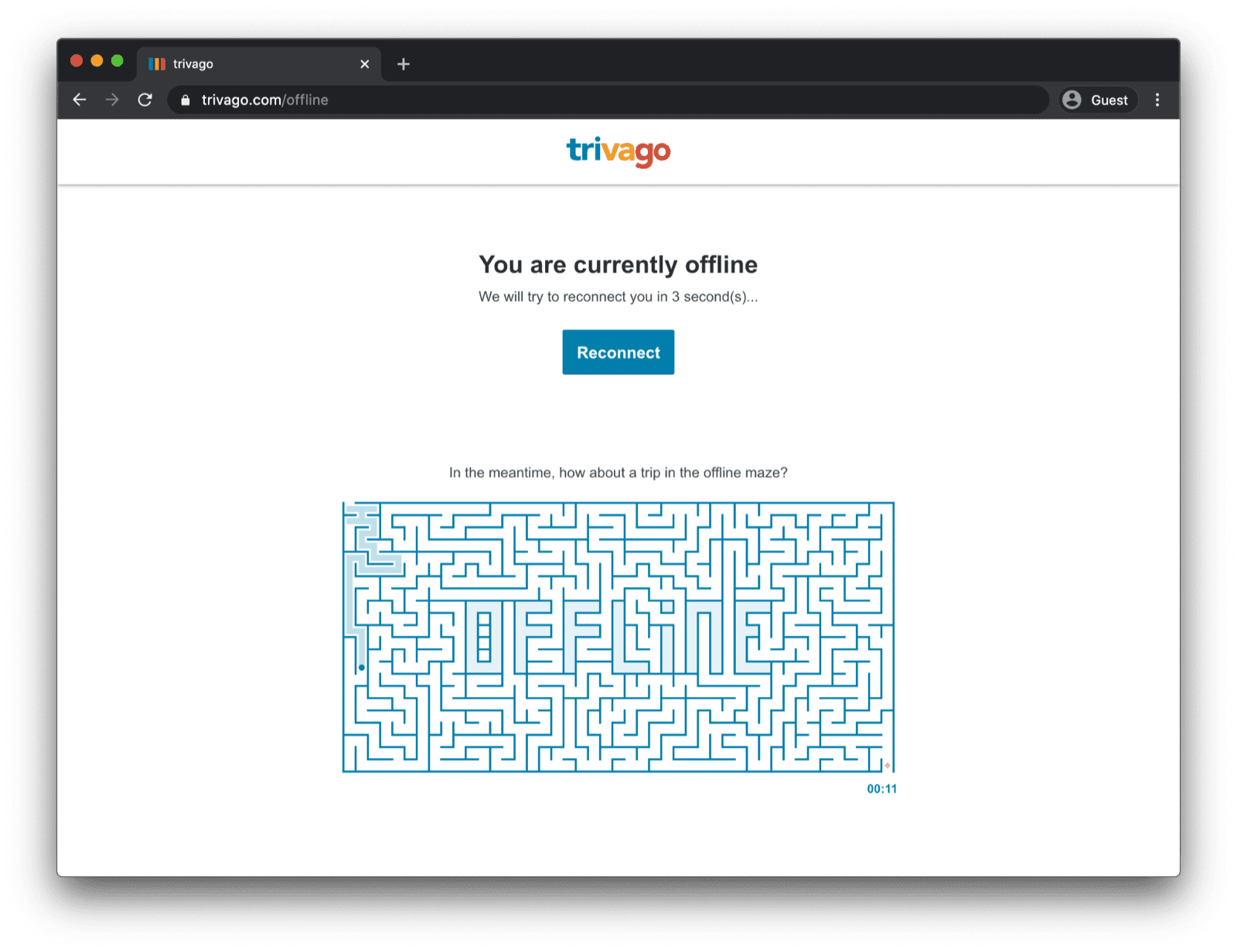 Page hors connexion de Trivago avec le labyrinthe hors connexion de Trivago.