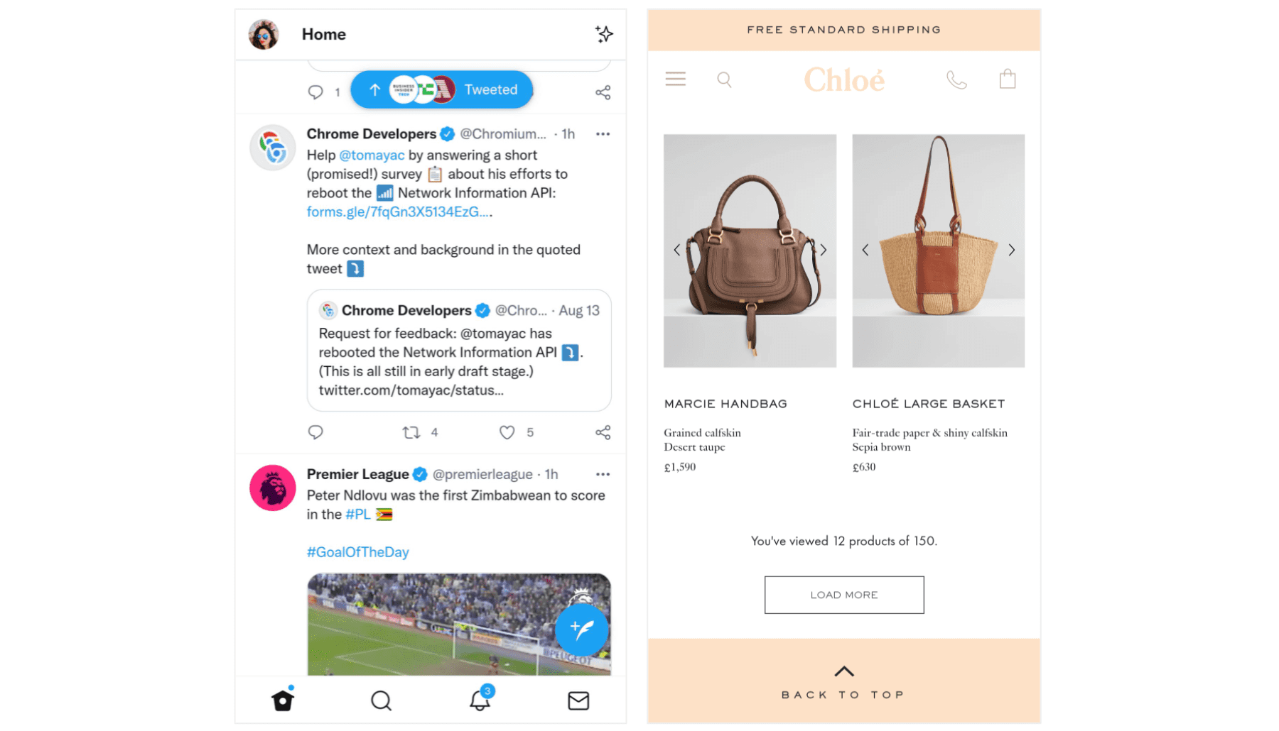 Examples of dynamic content loading without causing unexpected layout shifts from Twitter and the Chloé website