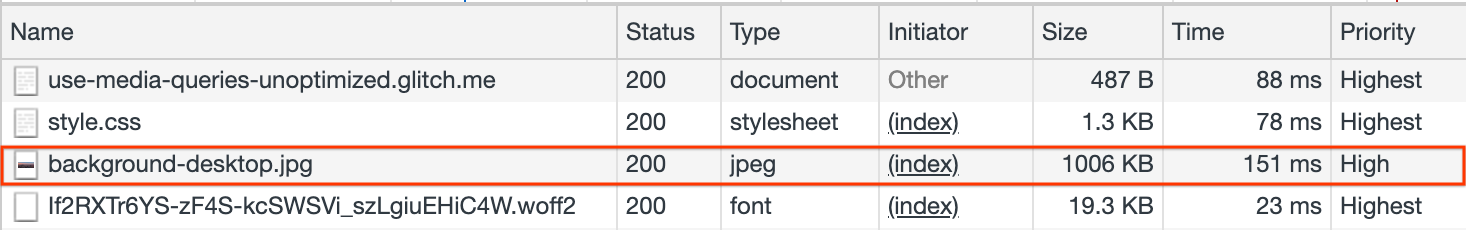 Trace réseau DevTools pour l&#39;image de fond non optimisée.