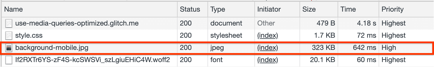 DevTools-Netzwerk-Trace für das optimierte Hintergrundbild