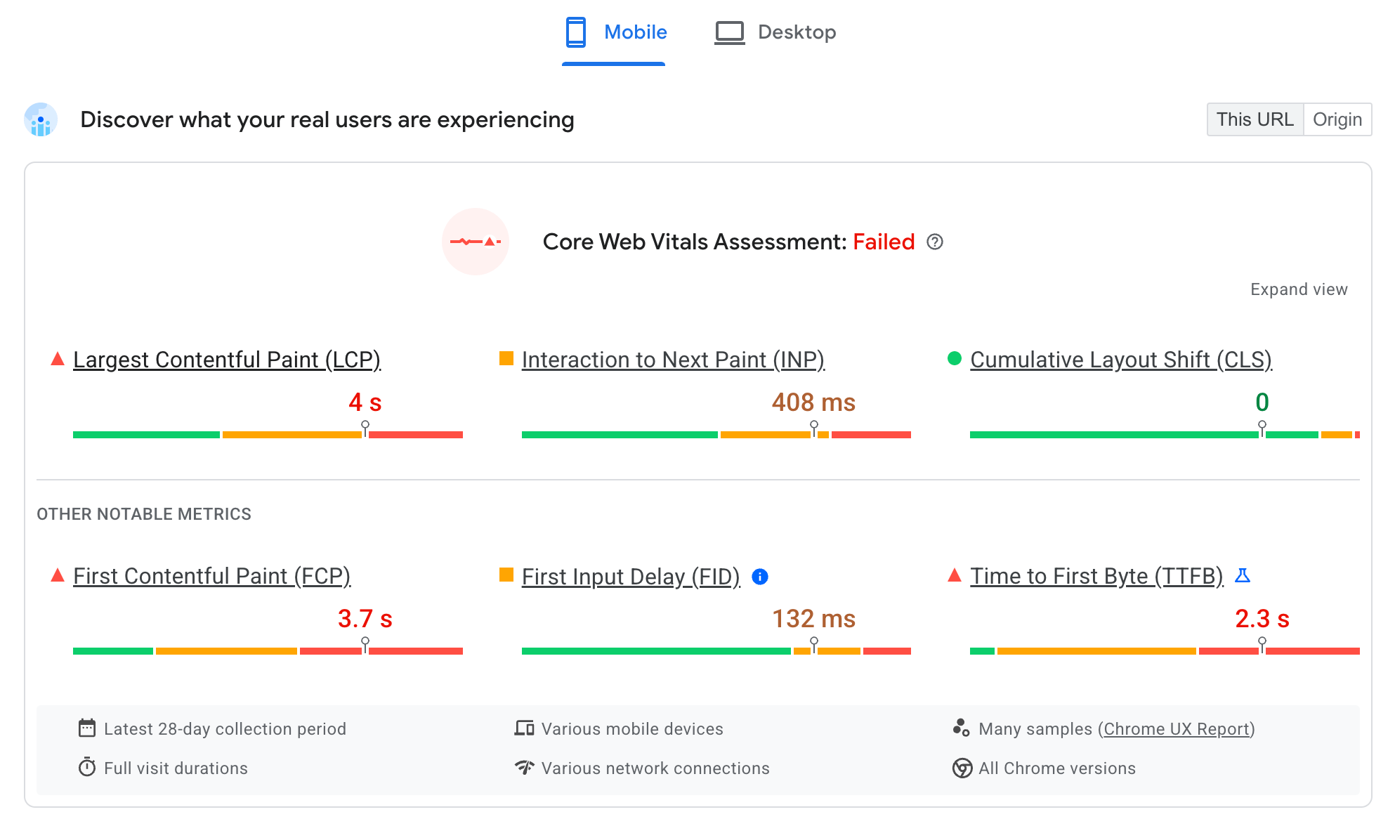 วิธีที่ PageSpeed Insights แสดงข้อมูล CrUX สำหรับ Core Web Vitals ของ URL Core Web Vitals แต่ละรายการจะแสดงแยกกัน ขณะที่จัดกลุ่ม Core Web Vitals แต่ละรายการให้แสดงในส่วน &quot;ดี&quot; &quot;ต้องปรับปรุง&quot; และ &quot;แย่&quot; เกณฑ์ในช่วง 28 วันที่ผ่านมา