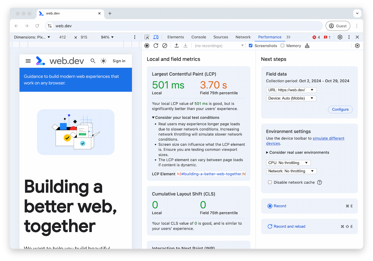 Chrome DevTools পারফরম্যান্স প্যানেলে স্থানীয় এবং ফিল্ড LCP