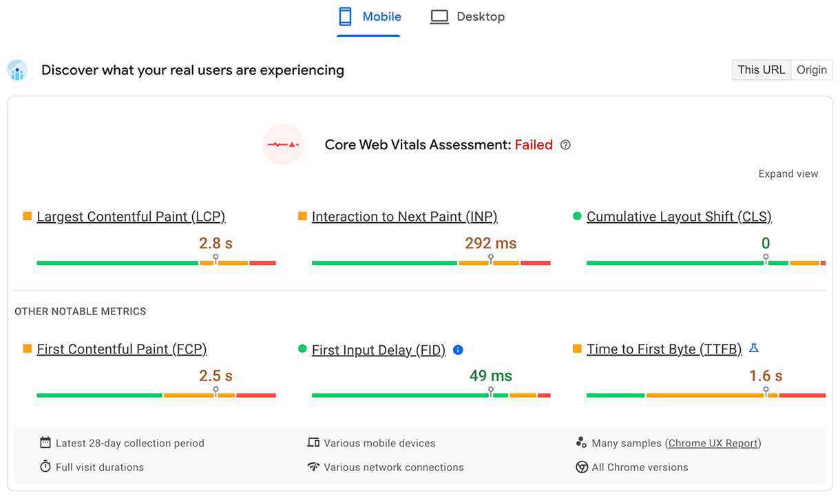 Dane o prawdziwych użytkownikach w PageSpeed Insights, w tym dane o zbiorach danych dotyczące wskaźnika TTFB.