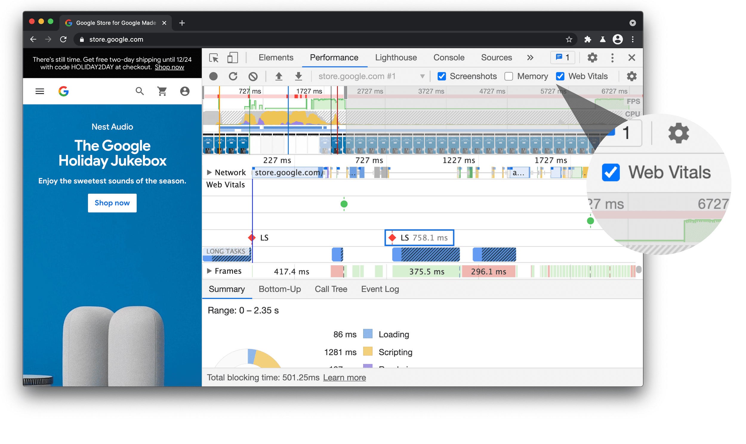 Web Vitals lane in the devtools performance panel