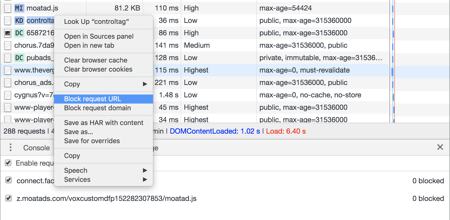 DevTools के नेटवर्क पैनल से अनुरोध यूआरएल ब्लॉक करना