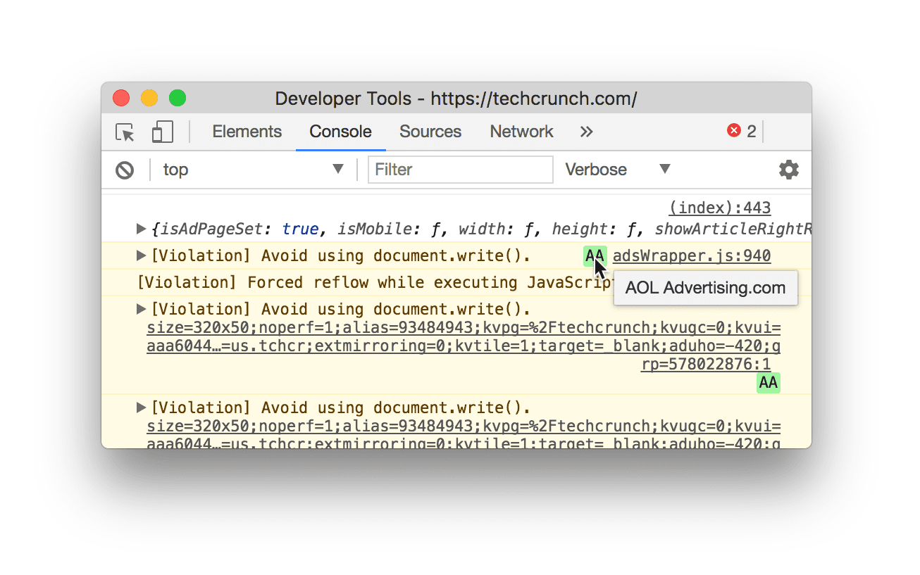 Ostrzeżenia w konsoli DevTools dotyczące naruszeń zasad w przypadku osadzenia kodu zewnętrznego za pomocą document.write()