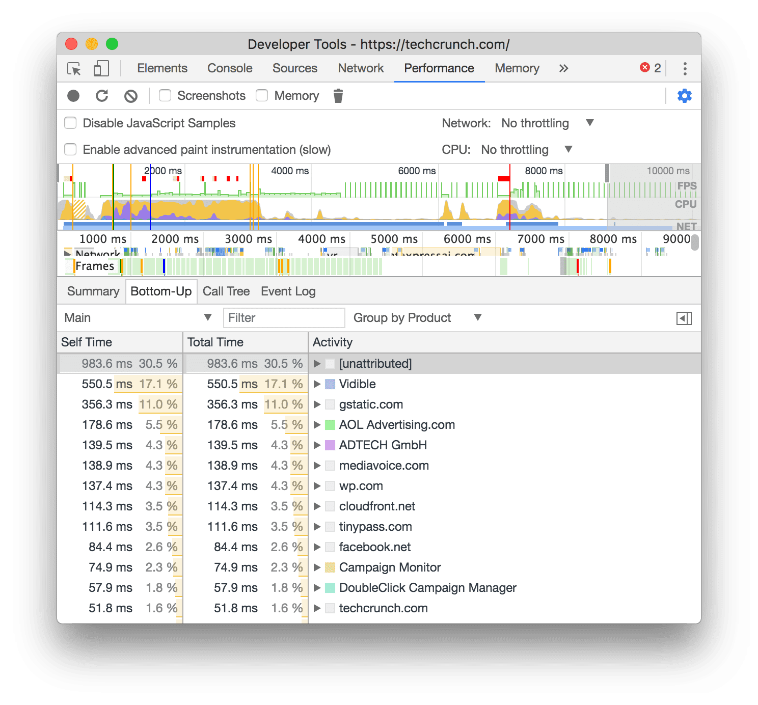 Bereich „Leistung“ in den DevTools mit der Bottom-Up-Ansicht, gruppiert nach Produkten (Drittanbieter)