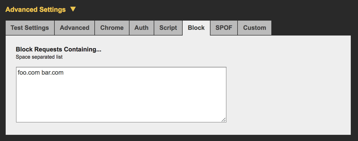 WebPageTest 고급 설정 < 차단
차단할 도메인을 지정할 수 있는 텍스트 영역을 표시합니다.