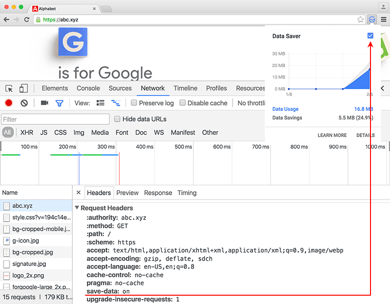 Nagłówek Save-Data widoczny w Narzędziach deweloperskich w Chrome wraz z rozszerzeniem Data Saver.