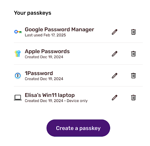 Esempio di una pagina di gestione delle passkey che mostra le best practice.