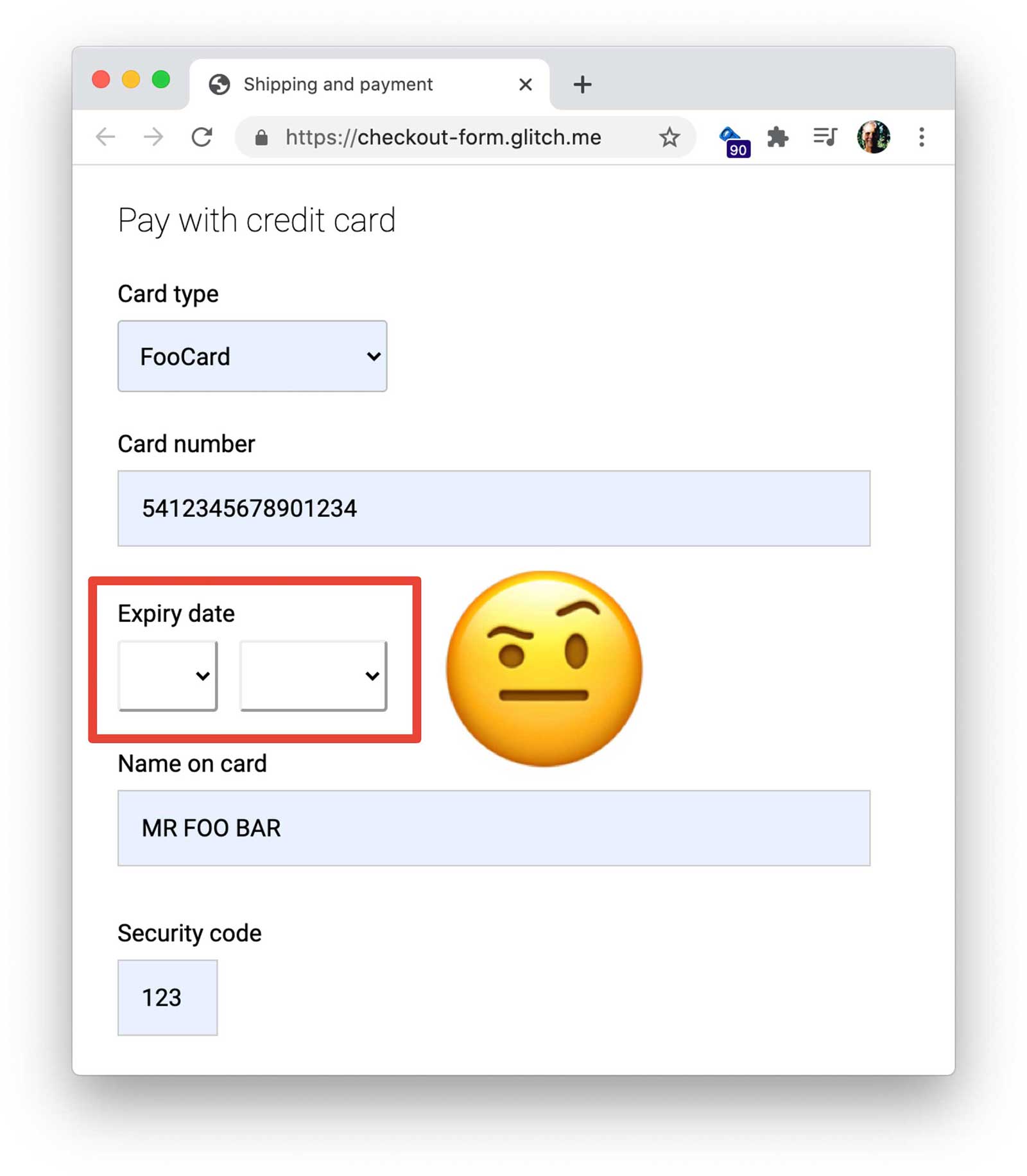 Screenshot eines Zahlungsformulars mit benutzerdefinierten Elementen für das Ablaufdatum der Karte, die das automatische Ausfüllen unterbrechen