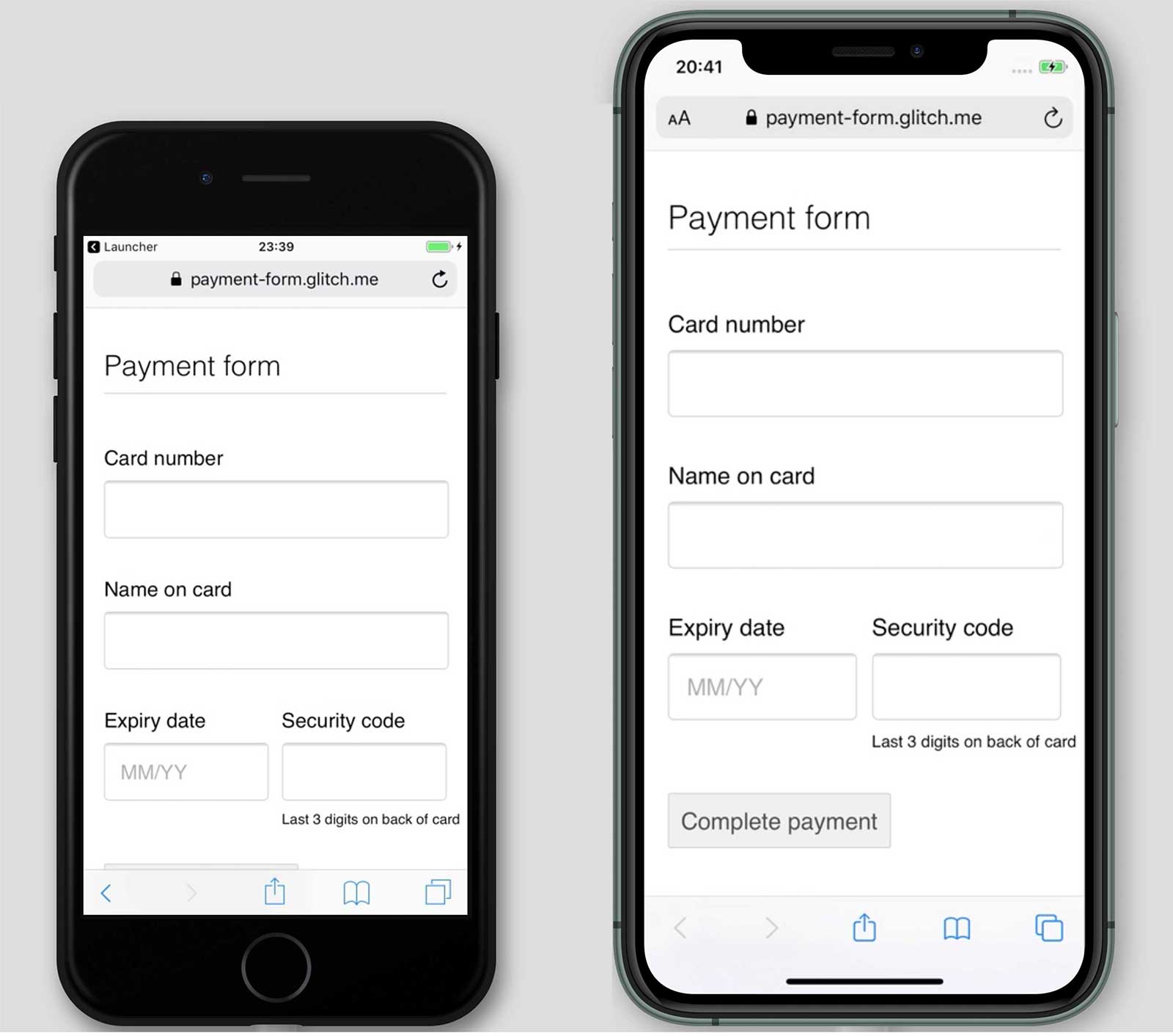 Screenshots eines Zahlungsformulars, payment-form.glitch.me, auf einem iPhone 7 und 11 Die Schaltfläche „Zahlung abschließen“ wird auf dem iPhone 11 angezeigt, aber nicht auf dem iPhone 7