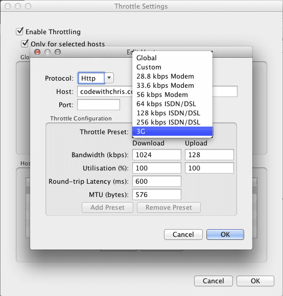 Setelan latensi dan bandwidth proxy Charles