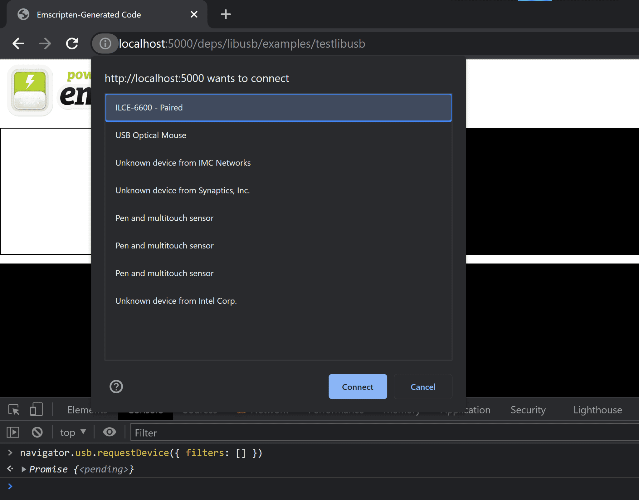 Captura de pantalla que muestra una ventana de Chrome con DevTools abierta en una página &quot;testlibusb&quot; que se entrega de forma local. La consola de DevTools evalúa &quot;navigator.usb.requestDevice({ filters: [] })&quot;, que activó un mensaje de permiso y, actualmente, le solicita al usuario que elija un dispositivo USB que se compartirá con la página. Actualmente, se seleccionó ILCE-6600 (una cámara Sony).