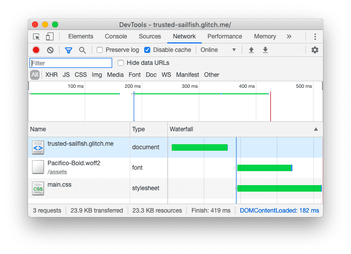 لقطة شاشة للوحة &quot;الشبكة&quot; في Chrome DevTools بعد تطبيق التحميل المُسبَق