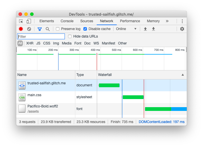 Capture d&#39;écran du panneau &quot;Network&quot; (Réseau) de Chrome DevTools.