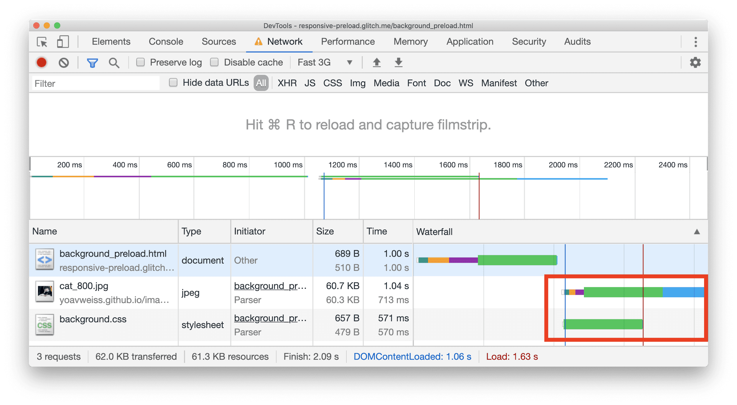 Riquadro Rete di Chrome DevTools che mostra una struttura a cascata con il download di una risorsa JPEG in parallelo ad alcuni CSS.