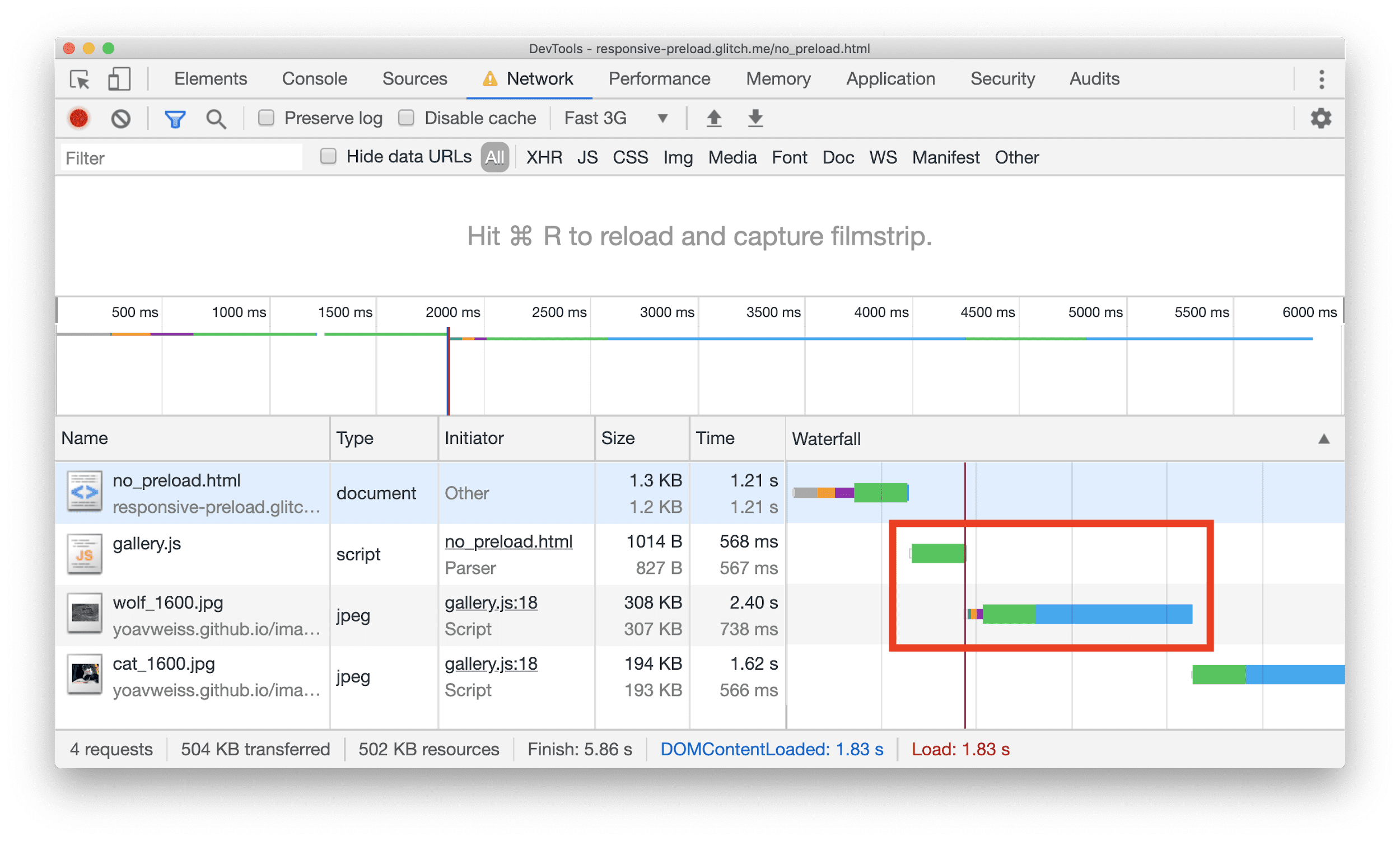 Chrome DevTools के नेटवर्क पैनल में, वॉटरफ़ॉल दिखाया गया है. इसमें JPEG संसाधन, कुछ JavaScript के बाद ही डाउनलोड होना शुरू होता है.