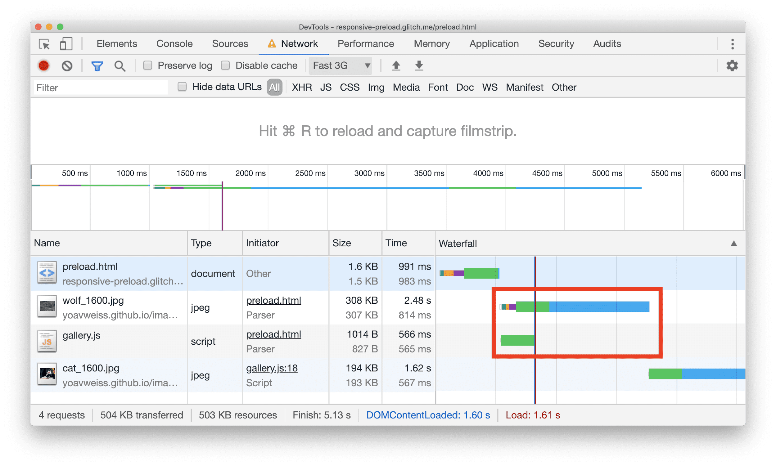 Der Bereich „Netzwerk“ in den Chrome-Entwicklertools mit einem Wasserfall, in dem eine JPEG-Ressource parallel zu einigen JavaScript-Dateien heruntergeladen wird.