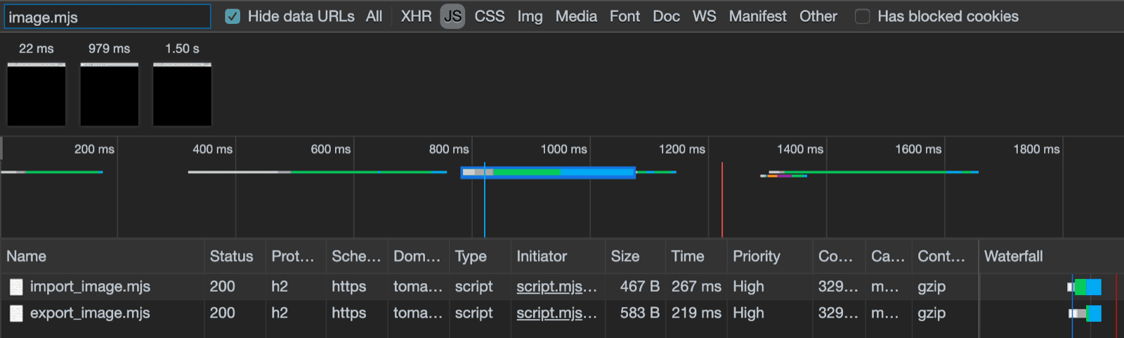 読み込まれているモダン ファイルが表示されている Chrome DevTools。