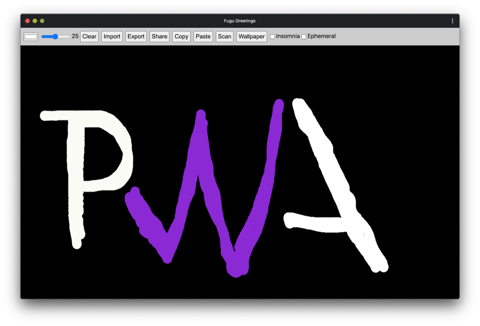 Fugu Greetings PWA z rysunkiem przypominającym logo społeczności PWA.