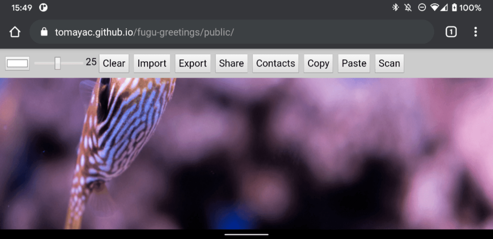 Fugu Greetings w Chrome na Androida, pokazujące wiele dostępnych funkcji