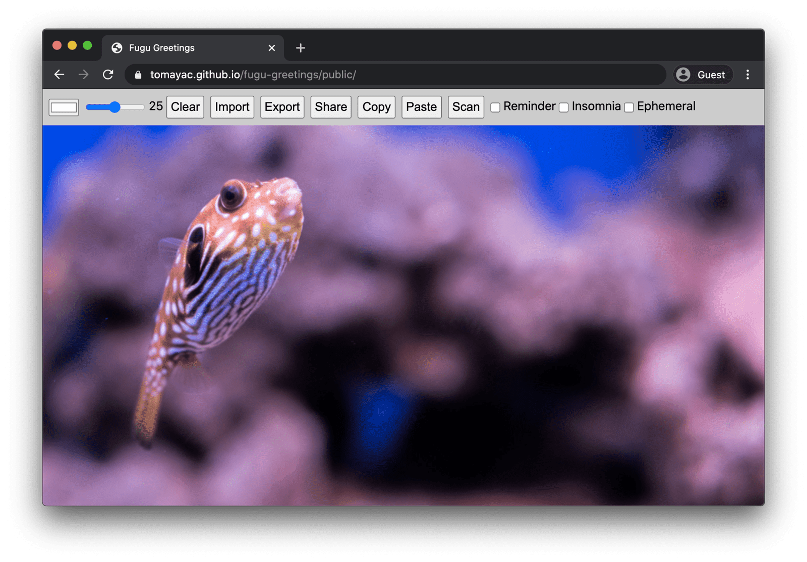 パソコン版 Chrome で実行されている Fugu Greetings の画面。利用可能な多くの機能が表示されています。