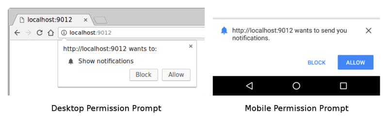 パソコン版とモバイル版の Chrome で表示される権限プロンプト。