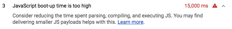 Un controllo Lighthouse non riuscito che mostra che l&#39;esecuzione degli script richiede troppo tempo.