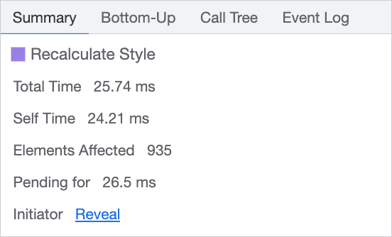 Obtenir les détails des calculs de style de longue durée, y compris des informations essentielles telles que le nombre d&#39;éléments affectés par le travail de recalcul de style.