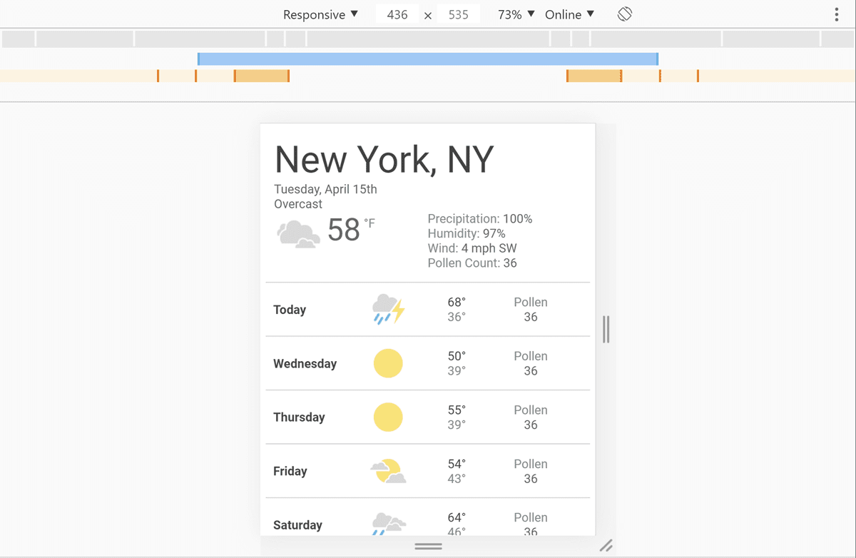 Captura de pantalla de DevTools con nuestra app del clima abierta y un ancho de 436 píxeles seleccionado.