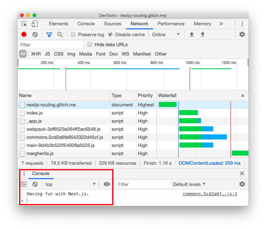 「Having fun with Next.js」というメッセージが表示された DevTools コンソール。